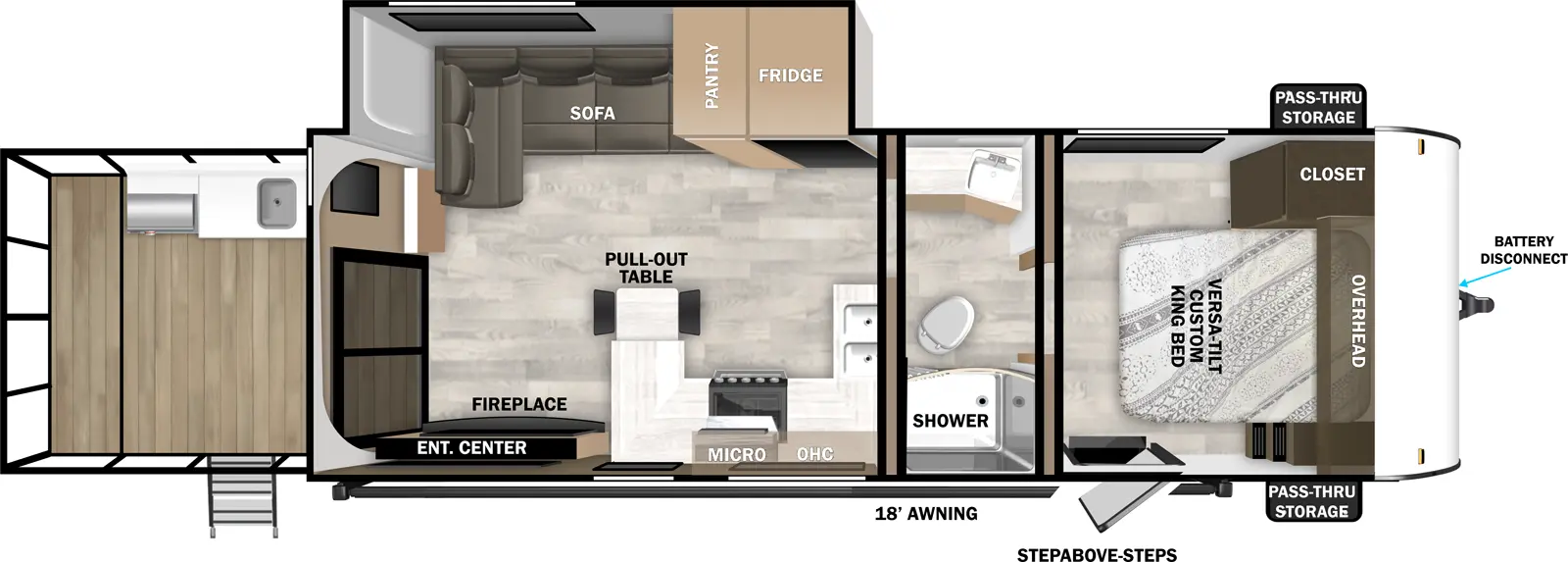 The X-Lite 22VERANDA floorplan has two entries and one slide out. Exterior features include: metal exterior, 18' awning and outside kitchen. Interiors features include: front bedroom, rear living and pass through bathroom.